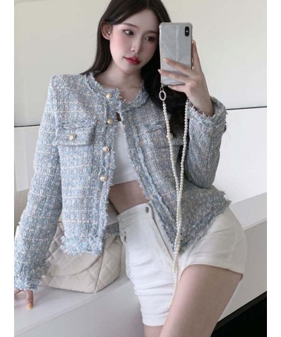 French Vintage Small Fragrance Tweed Jacket Coat Women Fall Winter Korean Casual Tassel Coat Ladies Plaid Tops Blue $23.69 Coats