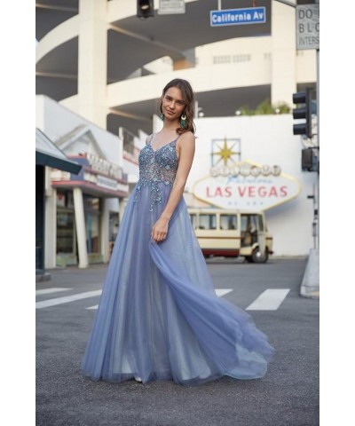 Lace Applique Tulle Prom Dresses for Women Long Spaghetti Straps A Line V Neck Prom Evening Ball Gown 2024 B-dusty Blue $34.2...