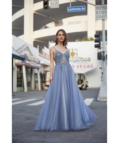 Lace Applique Tulle Prom Dresses for Women Long Spaghetti Straps A Line V Neck Prom Evening Ball Gown 2024 B-dusty Blue $34.2...