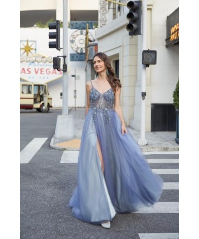 Lace Applique Tulle Prom Dresses for Women Long Spaghetti Straps A Line V Neck Prom Evening Ball Gown 2024 B-dusty Blue $34.2...