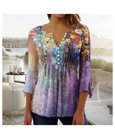 3/4 Sleeve Shirts for Women Bell V Neck Graphic T Shirts Button Pleated Boho Tops Elegant Vintage Floral Blouse A20-light Pur...