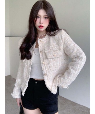 French Vintage Small Fragrance Tweed Jacket Coat Women Fall Winter Korean Casual Tassel Coat Ladies Plaid Tops Blue $23.69 Coats