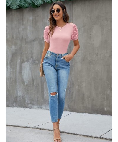 Womens Short Sleeve Blouse Business Casual Dressy Tops Ribbed Summer Stylish Work Shirts Pink 2 $15.26 Blouses