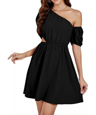 Women’s Casual One Shoulder Short Sleeve Cut Out Waist A Line Short Mini Dress Black $18.69 Dresses