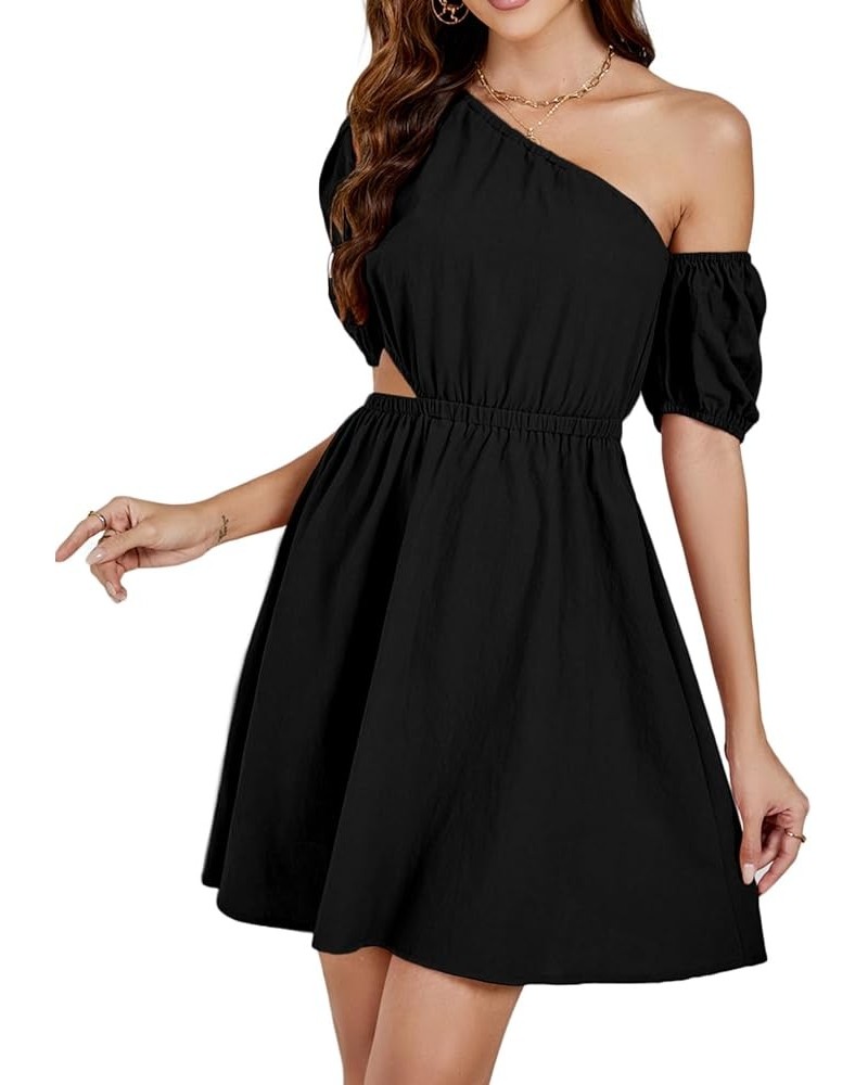 Women’s Casual One Shoulder Short Sleeve Cut Out Waist A Line Short Mini Dress Black $18.69 Dresses