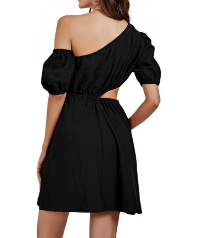 Women’s Casual One Shoulder Short Sleeve Cut Out Waist A Line Short Mini Dress Black $18.69 Dresses