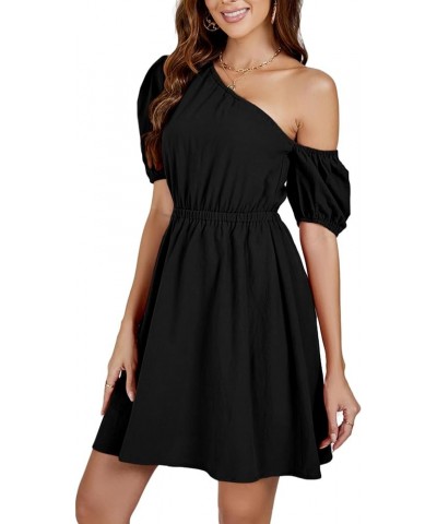 Women’s Casual One Shoulder Short Sleeve Cut Out Waist A Line Short Mini Dress Black $18.69 Dresses