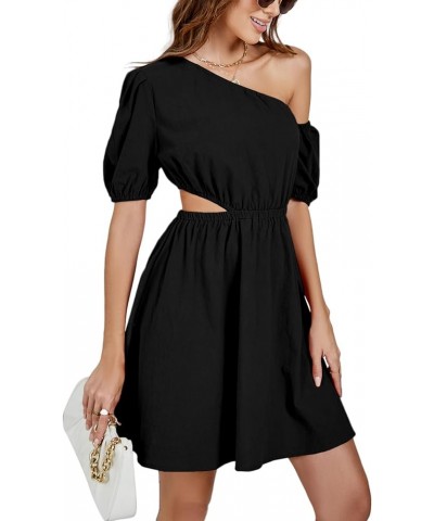 Women’s Casual One Shoulder Short Sleeve Cut Out Waist A Line Short Mini Dress Black $18.69 Dresses