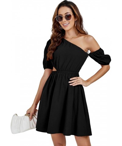 Women’s Casual One Shoulder Short Sleeve Cut Out Waist A Line Short Mini Dress Black $18.69 Dresses