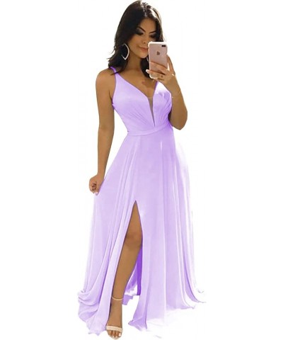 Women's Chiffon V Neck Bridesmaid Dresses Long with Slit Pleated Empire Waist Formal Dress with Pockets Lilac $28.35 Dresses