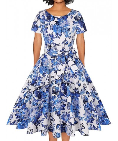 Women's 1950 Vintage Retro Rockabilly Dress Cocktail Party Prom Swing Dresses with Pockets Short Sleeve - Floral White Blue $...