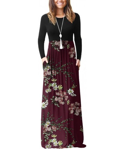 Women's Long Sleeve Loose Plain Maxi Dresses Casual Long Dresses with Pockets 2-flower Wine Red $21.00 Dresses