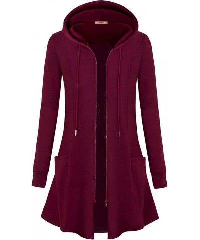 Womens Long Zip Up Hoodie Fleece Shackets Open Front Zipper Cardigans 01 Wine $23.64 Hoodies & Sweatshirts