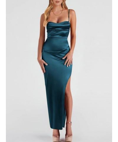 Women Satin Maxi Dress Sleeveless Spaghetti Strap Cowl Neck Summer Ruched Bodycon High Slit Formal Dresses Deep Blue $31.89 D...