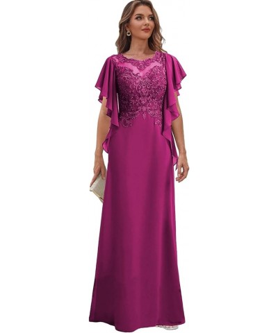 Chiffon Lace Mother of The Bride Dresses with Sleeves Ruffles Long Formal Evening Dress for Wedding Hot Pink $43.73 Dresses