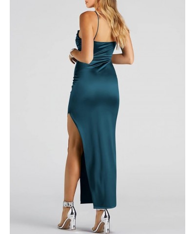 Women Satin Maxi Dress Sleeveless Spaghetti Strap Cowl Neck Summer Ruched Bodycon High Slit Formal Dresses Deep Blue $31.89 D...