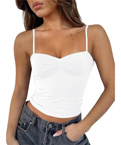 Women Y2K Sweetheart Neck Sleeveless Crop Tank Tops Backless Spaghetti Strap Pleated Bustier Camis Going Out Top White $13.43...