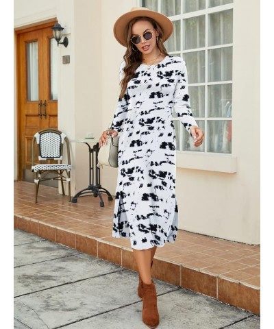 Women Long Sleeve T Shirt Midi Dress Casual Plain Dressy Split Crewneck Maxi Dresses with Pockets Black White $11.75 Dresses