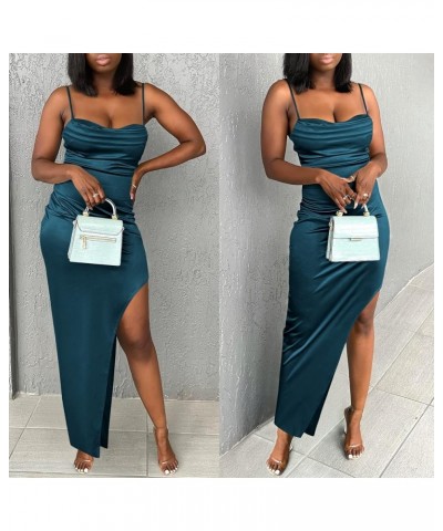 Women Satin Maxi Dress Sleeveless Spaghetti Strap Cowl Neck Summer Ruched Bodycon High Slit Formal Dresses Deep Blue $31.89 D...