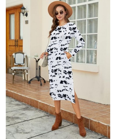 Women Long Sleeve T Shirt Midi Dress Casual Plain Dressy Split Crewneck Maxi Dresses with Pockets Black White $11.75 Dresses