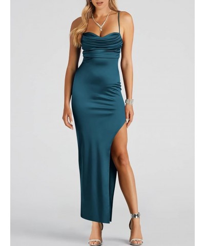 Women Satin Maxi Dress Sleeveless Spaghetti Strap Cowl Neck Summer Ruched Bodycon High Slit Formal Dresses Deep Blue $31.89 D...