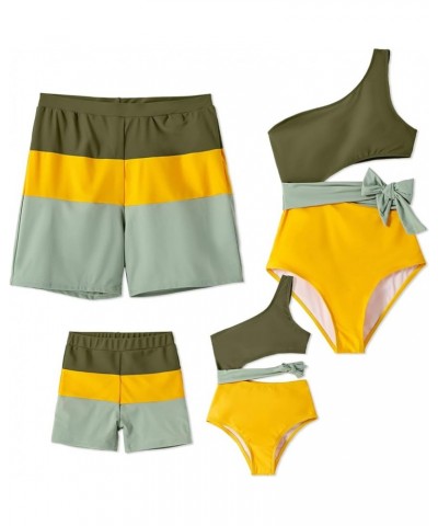 Family Matching Swimsuits Mommy and Me One Shoulder Cutout Colorblock Bathing Suits One Piece Swimwear Sets Men Green/Yellow ...