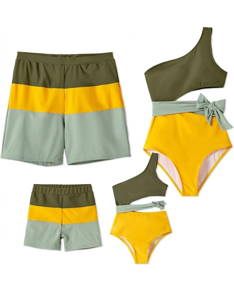 Family Matching Swimsuits Mommy and Me One Shoulder Cutout Colorblock Bathing Suits One Piece Swimwear Sets Men Green/Yellow ...