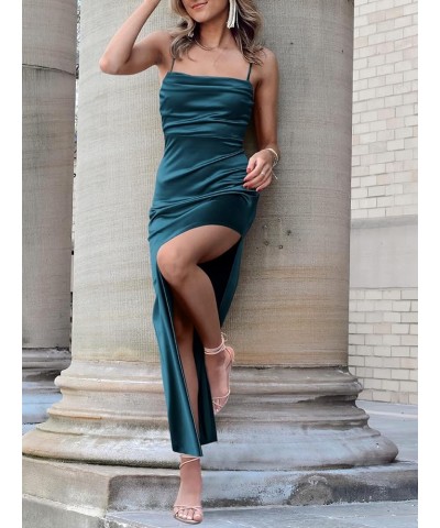 Women Satin Maxi Dress Sleeveless Spaghetti Strap Cowl Neck Summer Ruched Bodycon High Slit Formal Dresses Deep Blue $31.89 D...