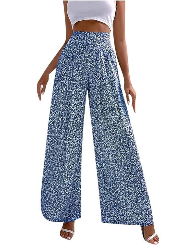 Boho Floral Print Wide Leg Palazzo Pants for Women Casual High Waisted Straight Leg Loose Long Lounge Trousers 02 Blue $8.51 ...