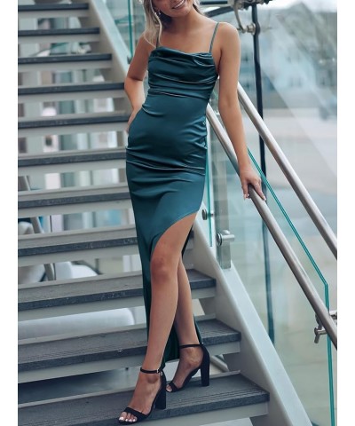 Women Satin Maxi Dress Sleeveless Spaghetti Strap Cowl Neck Summer Ruched Bodycon High Slit Formal Dresses Deep Blue $31.89 D...