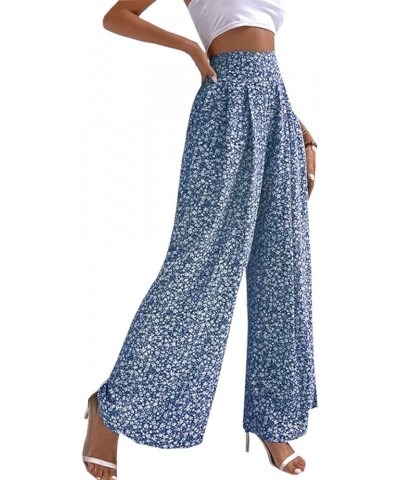 Boho Floral Print Wide Leg Palazzo Pants for Women Casual High Waisted Straight Leg Loose Long Lounge Trousers 02 Blue $8.51 ...