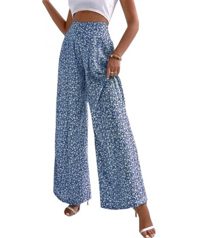 Boho Floral Print Wide Leg Palazzo Pants for Women Casual High Waisted Straight Leg Loose Long Lounge Trousers 02 Blue $8.51 ...