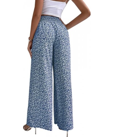 Boho Floral Print Wide Leg Palazzo Pants for Women Casual High Waisted Straight Leg Loose Long Lounge Trousers 02 Blue $8.51 ...