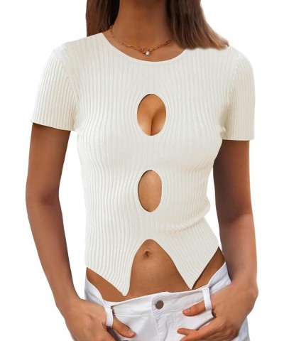 Womens Sexy Cutout Crop Tops Short Sleeve Slim Fit Ribbed Knit Y2K Going Out Tops Sweater White $14.99 Sweaters