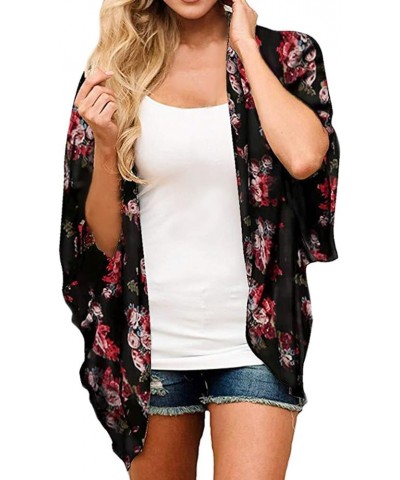 Womens Floral Chiffon Kimono Cardigans Loose Beach Cover Up Half Sleeve Tops 1black Red $11.73 Swimsuits