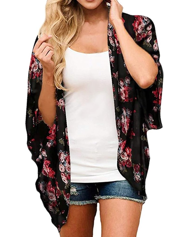 Womens Floral Chiffon Kimono Cardigans Loose Beach Cover Up Half Sleeve Tops 1black Red $11.73 Swimsuits