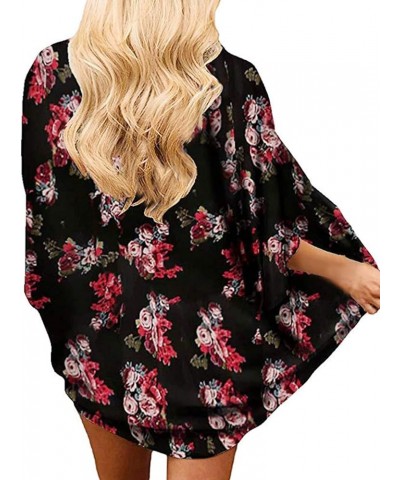 Womens Floral Chiffon Kimono Cardigans Loose Beach Cover Up Half Sleeve Tops 1black Red $11.73 Swimsuits