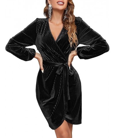 Women's 2024 Long Sleeve Wrap Velvet Mini Dress Sexy V Neck Cocktail Party Club Dress Black $26.32 Dresses