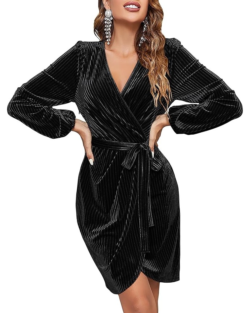 Women's 2024 Long Sleeve Wrap Velvet Mini Dress Sexy V Neck Cocktail Party Club Dress Black $26.32 Dresses