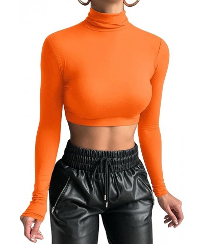 Women's Long Sleeve Turtleneck Crop Tops Fitted Basic T Shirt Top Orange $12.69 T-Shirts