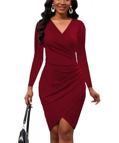 Women's Sexy V Neck Long Sleeve Faux Wrap Bodycon Midi Dress Ruched Sheath Cocktail Party Work Dresses Bred55 $15.18 Dresses