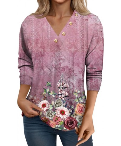 Womens Tops 3/4 Sleeve Shirts V Neck Loose Casual Blouses Vintage Floral Print Tshirts G08-pink $10.39 T-Shirts