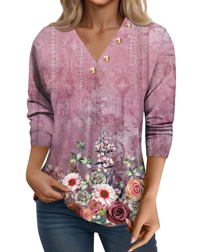 Womens Tops 3/4 Sleeve Shirts V Neck Loose Casual Blouses Vintage Floral Print Tshirts G08-pink $10.39 T-Shirts