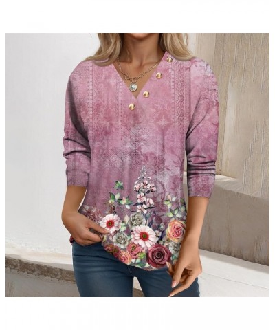 Womens Tops 3/4 Sleeve Shirts V Neck Loose Casual Blouses Vintage Floral Print Tshirts G08-pink $10.39 T-Shirts