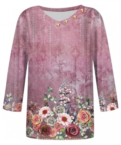 Womens Tops 3/4 Sleeve Shirts V Neck Loose Casual Blouses Vintage Floral Print Tshirts G08-pink $10.39 T-Shirts