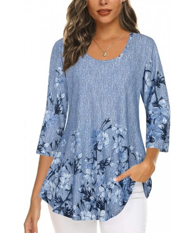 3/4 Sleeve Shirts for Women Dressy Tunic Tops Casual Wear with Floral L-blue Floral $13.49 Tops