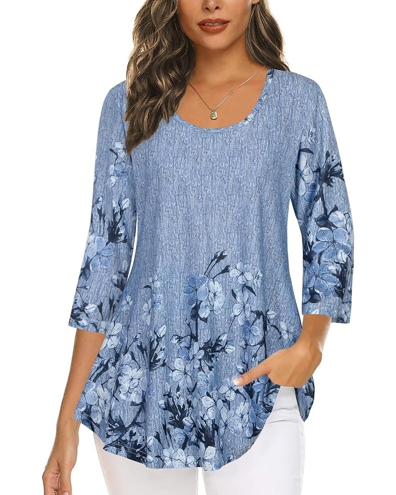 3/4 Sleeve Shirts for Women Dressy Tunic Tops Casual Wear with Floral L-blue Floral $13.49 Tops