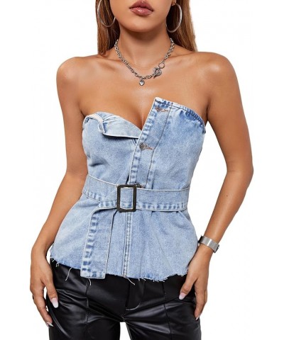 Women's Strapless Jean Top Button Front Belted Raw Hem Sexy Y2k Denim Tube Top Blue $15.98 Shorts