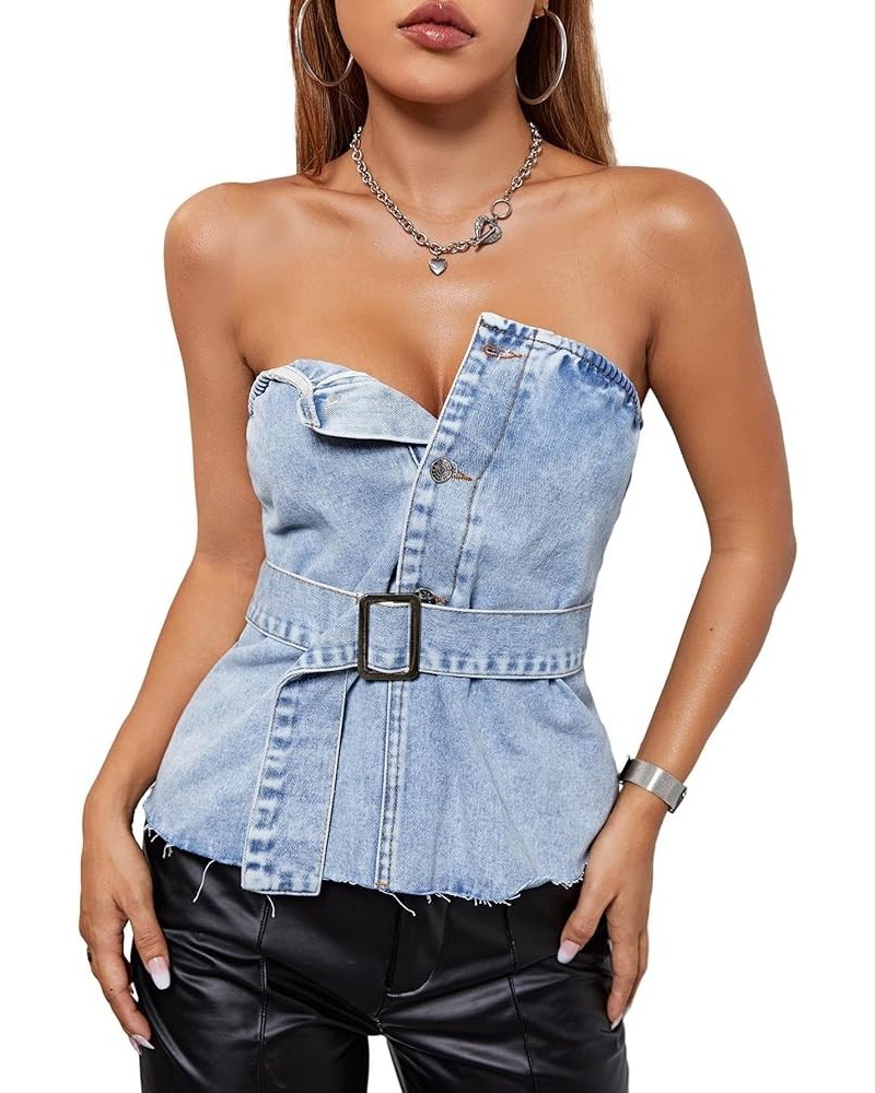 Women's Strapless Jean Top Button Front Belted Raw Hem Sexy Y2k Denim Tube Top Blue $15.98 Shorts