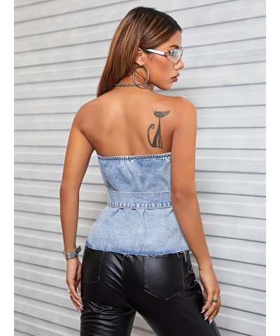 Women's Strapless Jean Top Button Front Belted Raw Hem Sexy Y2k Denim Tube Top Blue $15.98 Shorts